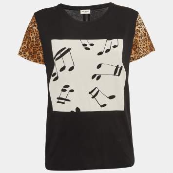 Pre Owned Saint Laurent Paris Black Musical and Leopard Print Cotton Jersey T-Shirt S