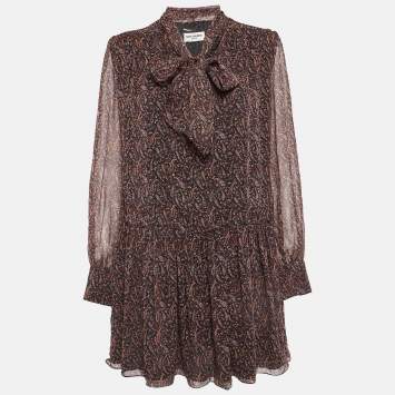 Pre Owned Saint Laurent Black Paisley Print Silk Neck Tie Mini Dress M