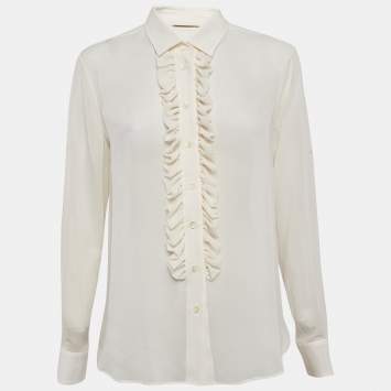 Pre Owned Saint Laurent Off-White Silk Ruffle Detail Shirt Blouse M