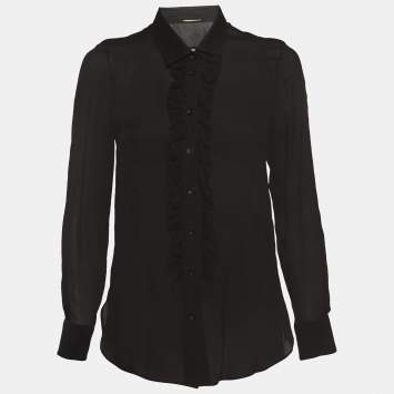 Pre Owned Saint Laurent Paris Black Silk Ruffle Detail Shirt Blouse M