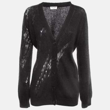 Pre Owned Saint Laurent Paris Black Ripped Mohair Knit Buttoned Cardigan S
