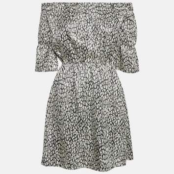Pre Owned Saint Laurent Black Animal Print Lame Off-Shoulder Mini Dress S