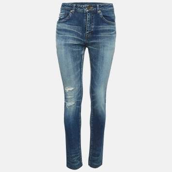 Pre Owned Saint Laurent Blue Distressed Denim Frayed Skinny Jeans M Waist 28"