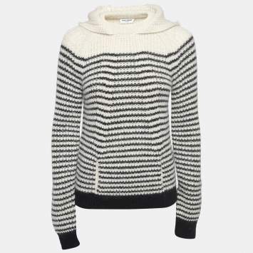 Pre Owned Saint Laurent White/Black Stripe Wool Blend Knit Hooded Sweater XS