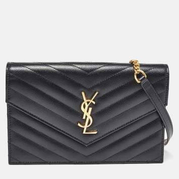 Pre Owned Saint Laurent Black Matelassé Leather Monogram Envelope Wallet on Chain