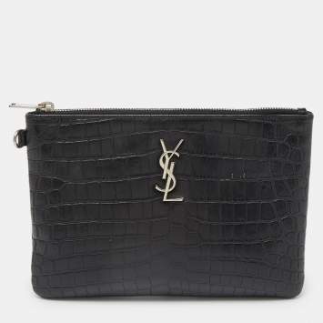 Pre Owned Saint Laurent Black Croc Embossed Leather Monogram Zip Pouch