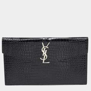 Pre Owned Saint Laurent Black Croc Embossed Leather Uptown Clutch