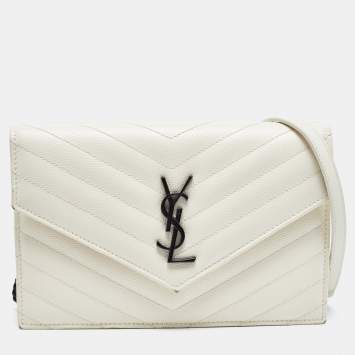 Pre Owned Saint Laurent Cream Matelassé Leather Monogram Envelope Wallet on Chain