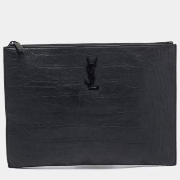 Pre Owned Saint Laurent Black Croc Embossed Leather Monogram Zip Pouch