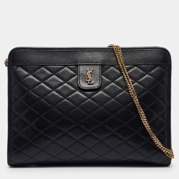 Saint Laurent Black Quilted Leather Victoire Chain Clutch 