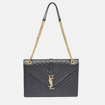 Pre Owned Saint Laurent Black Matelasse Leather Large Monogram Envelope Shoulder Bag