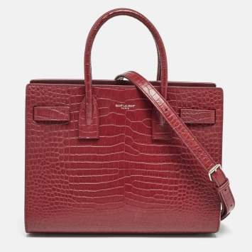 Pre Owned Saint Laurent Burgundy Croc Embossed Leather Baby Classic Sac De Jour Tote