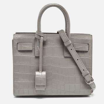 Pre Owned Saint Laurent Grey Croc Embossed Leather Nano Classic Sac De Jour Tote