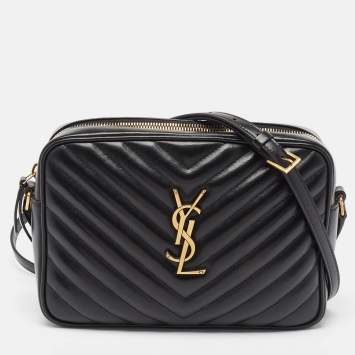 Pre Owned Saint Laurent Black Matelassé Leather Monogram Lou Camera Crossbody Bag