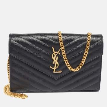 Pre Owned Saint Laurent Black Matelassé Leather Monogram Envelope Wallet on Chain