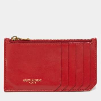 Pre Owned Saint Laurent Red Leather Zip Card Case
