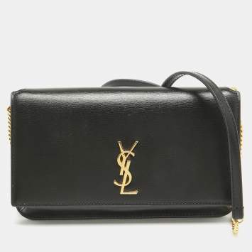 Pre Owned Saint Laurent Black Leather Cassandre Phone Holder Bag