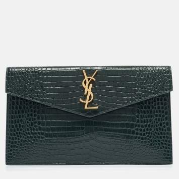 مملوكة مسبقًا Saint Laurent Green Croc Embossed Leather Uptown Pouch