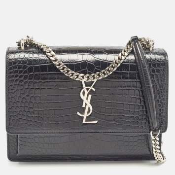 Pre Owned Saint Laurent Black Croc Embossed Leather Medium Sunset Shoulder Bag