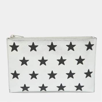 Pre Owned Saint Laurent Silver Star Leather Zip Pouch 