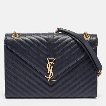 Pre Owned Saint Laurent Navy Blue Matelassé Leather Large Monogram Shoulder Bag