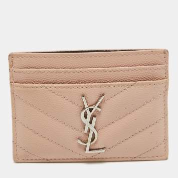 Pre Owned Saint Laurent Pink Matelassé Leather Monogram Card Holder