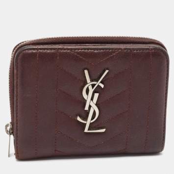 Pre Owned Saint Laurent Burgundy Leather Monogram Zip Around Wallet
