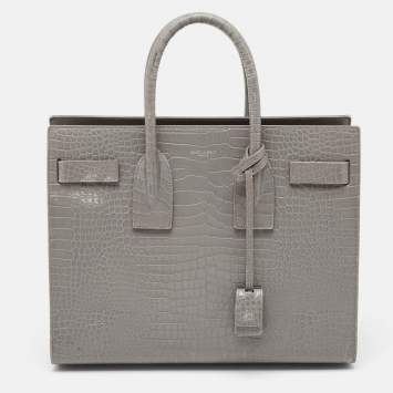 Pre Owned Saint Laurent Grey Croc Embossed Leather Small Classic Sac De Jour Tote