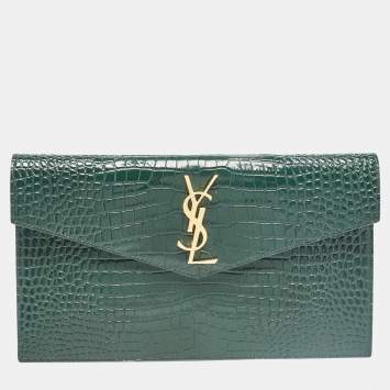 Pre Owned Saint Laurent Green Croc Embossed Leather Uptown Pouch