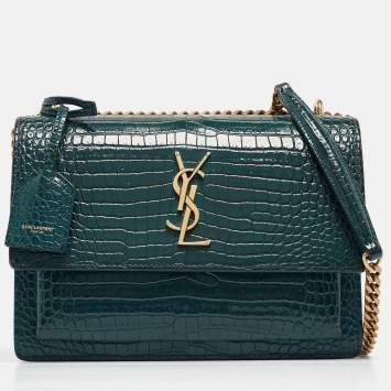 Pre Owned Saint Laurent Green Croc Embossed Leather Medium Sunset Shoulder Bag