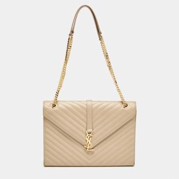 Pre Owned Saint Laurent Beige Chevron Leather Large Monogram Envelope Shoulder Bag
