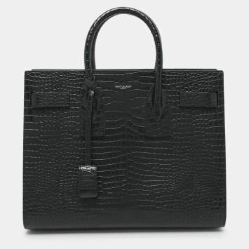 Pre Owned Saint Laurent Dark Green Croc Embossed Leather Small Classic Sac De Jour Tote