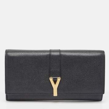 Pre Owned Saint Laurent Black Leather Y Line Flap Continental Wallet