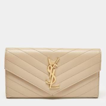 Pre Owned Saint Laurent Beige Matelassé Leather Monogram Flap Wallet
