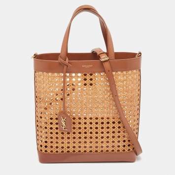 Pre Owned Saint Laurent Brown/Beige Woven Raffia and Leather Toy Tote
