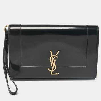 Pre Owned Saint Laurent Black Patent Leather Cassandre Flap Wristlet Clutch