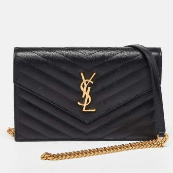 Pre Owned Saint Laurent Black Matelassé Leather Monogram Envelope Wallet on Chain