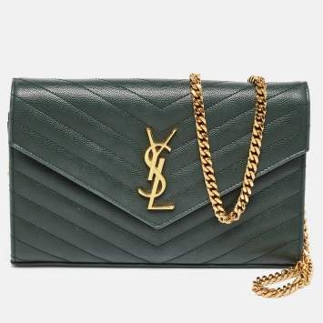 Pre Owned Saint Laurent Dark Green Chevron Quilted Leather Envelope Flap Crossbody Bag