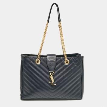 Pre Owned Saint Laurent Navy Blue Matelassé Leather Monogram Shopper Tote