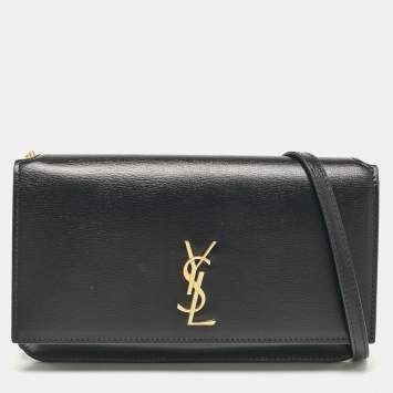 Pre Owned Saint Laurent Black Leather Cassandre Phone Holder Crossbody Bag