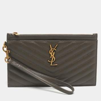 Pre Owned Saint Laurent Olive Green Matelassé Leather Large Cassandre Zip Pouch