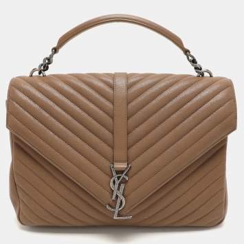 Pre Owned Saint Laurent Beige Matelassé Leather Large College Top Handle Bag