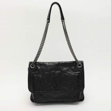 Pre Owned Saint Laurent Black Crinkled Matelassé Leather Medium Niki Shoulder Bag