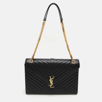 Pre Owned Saint Laurent Black Matelassé Leather Large Monogram Envelope Shoulder Bag