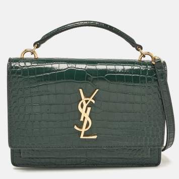 Pre Owned Saint Laurent Green Croc Embossed Leather Sunset Wallet on Chain