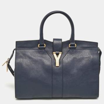 Pre Owned Saint Laurent Navy Blue Leather Medium Cabas Chyc Tote