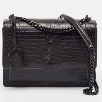 Pre Owned Saint Laurent Black Croc Embossed Leather Medium Sunset Bag