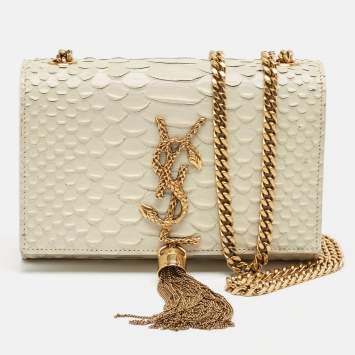 Pre Owned Saint Laurent Off White Python Embossed Leather Small Kate Tassel Crossbody Bag