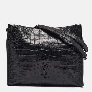Pre Owned Saint Laurent Black Croc Embossed Leather Medium Monogram Nikki Tote