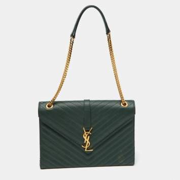 Pre Owned Saint Laurent Green Matelassé Leather Large Cassandre Flap Bag